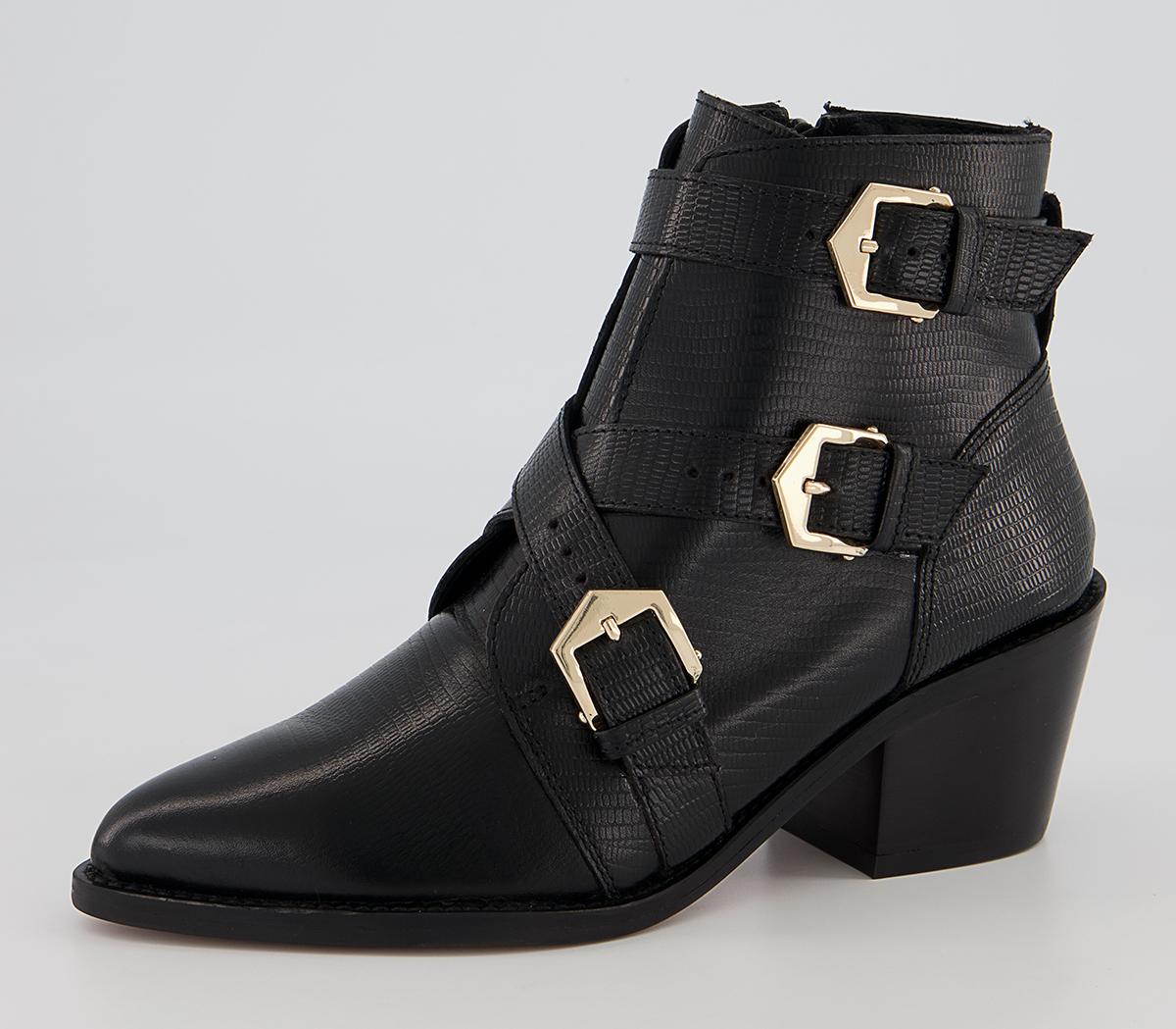 Office Algorithm Cross Strap Buckle Mid Western Ankle Boots Office Algorithm Cross Strap Buckle Mid Western Ankle Boots Black Snake Leather