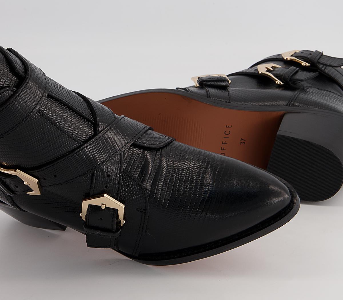 Office Algorithm Cross Strap Buckle Mid Western Ankle Boots Office Algorithm Cross Strap Buckle Mid Western Ankle Boots Black Snake Leather