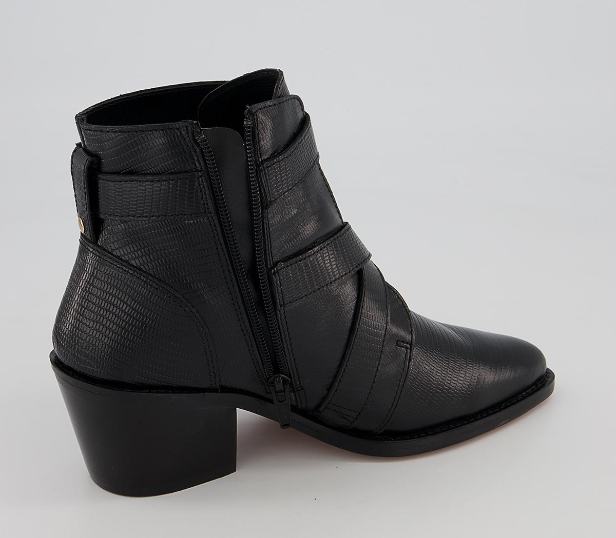 Office Algorithm Cross Strap Buckle Mid Western Ankle Boots Office Algorithm Cross Strap Buckle Mid Western Ankle Boots Black Snake Leather
