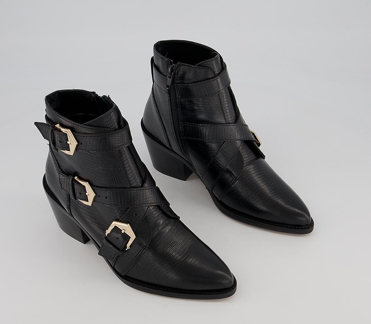 Office Algorithm Cross Strap Buckle Mid Western Ankle Boots Office Algorithm Cross Strap Buckle Mid Western Ankle Boots Black Snake Leather