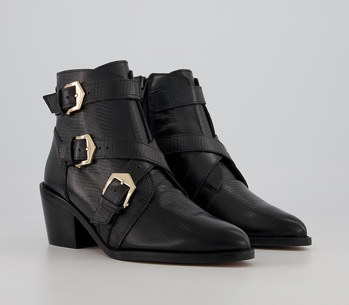 Office Algorithm Cross Strap Buckle Mid Western Ankle Boots Office Algorithm Cross Strap Buckle Mid Western Ankle Boots Black Snake Leather