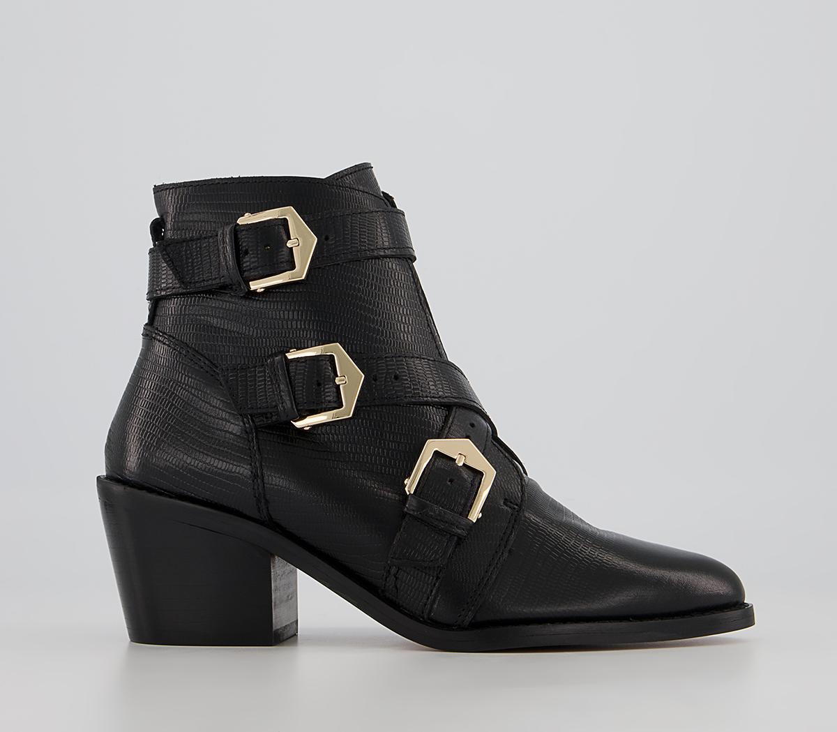 Office Algorithm Cross Strap Buckle Mid Western Ankle Boots Office Algorithm Cross Strap Buckle Mid Western Ankle Boots Black Snake Leather