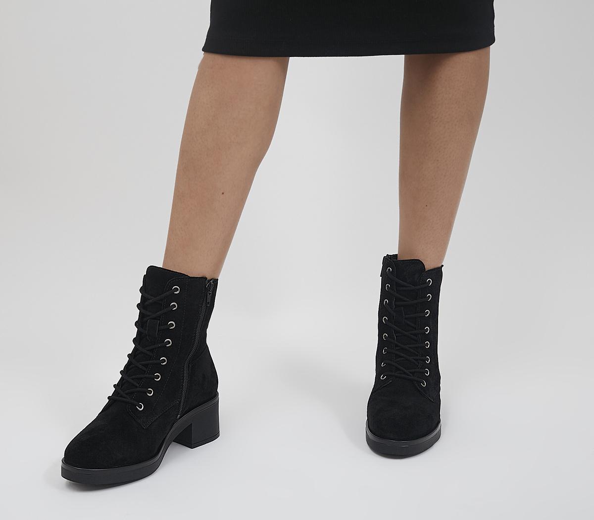 OFFICE Adina Block Heel Lace Up Boots Black Suede - Women's Boots