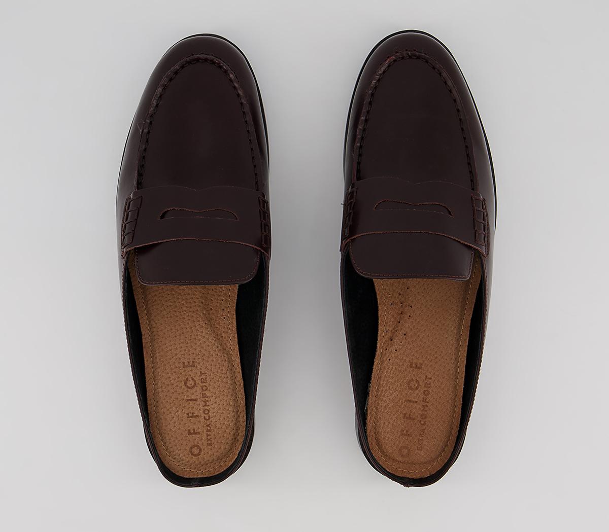 Office Marlow Penny Loafer Mules Office Marlow Penny Loafer Mules Burgundy High Shine Leather
