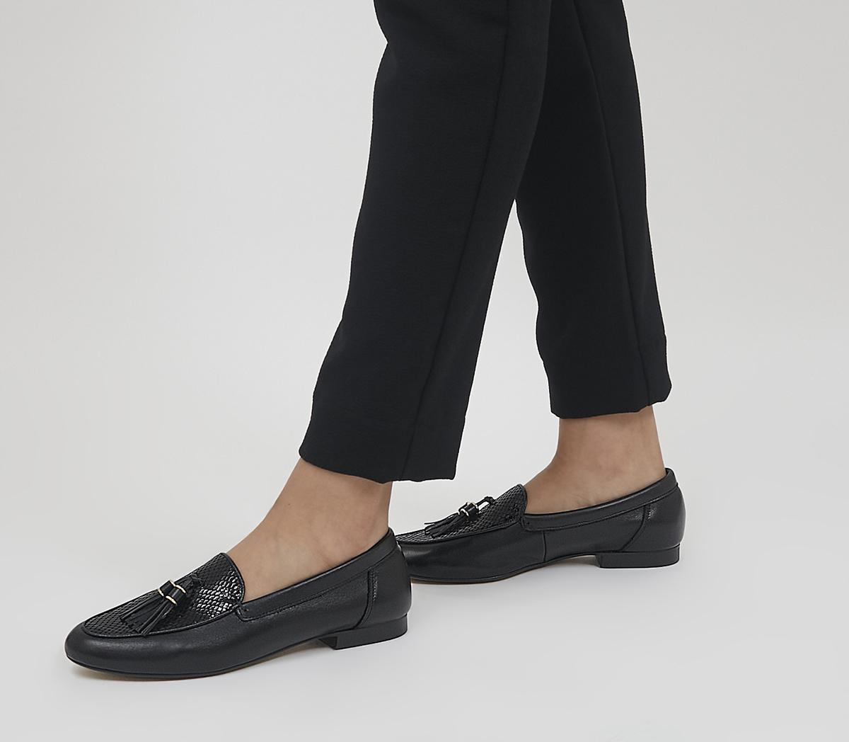 Womens Office Retro Tassel Loafers Black Leather Suede Mix Flats 