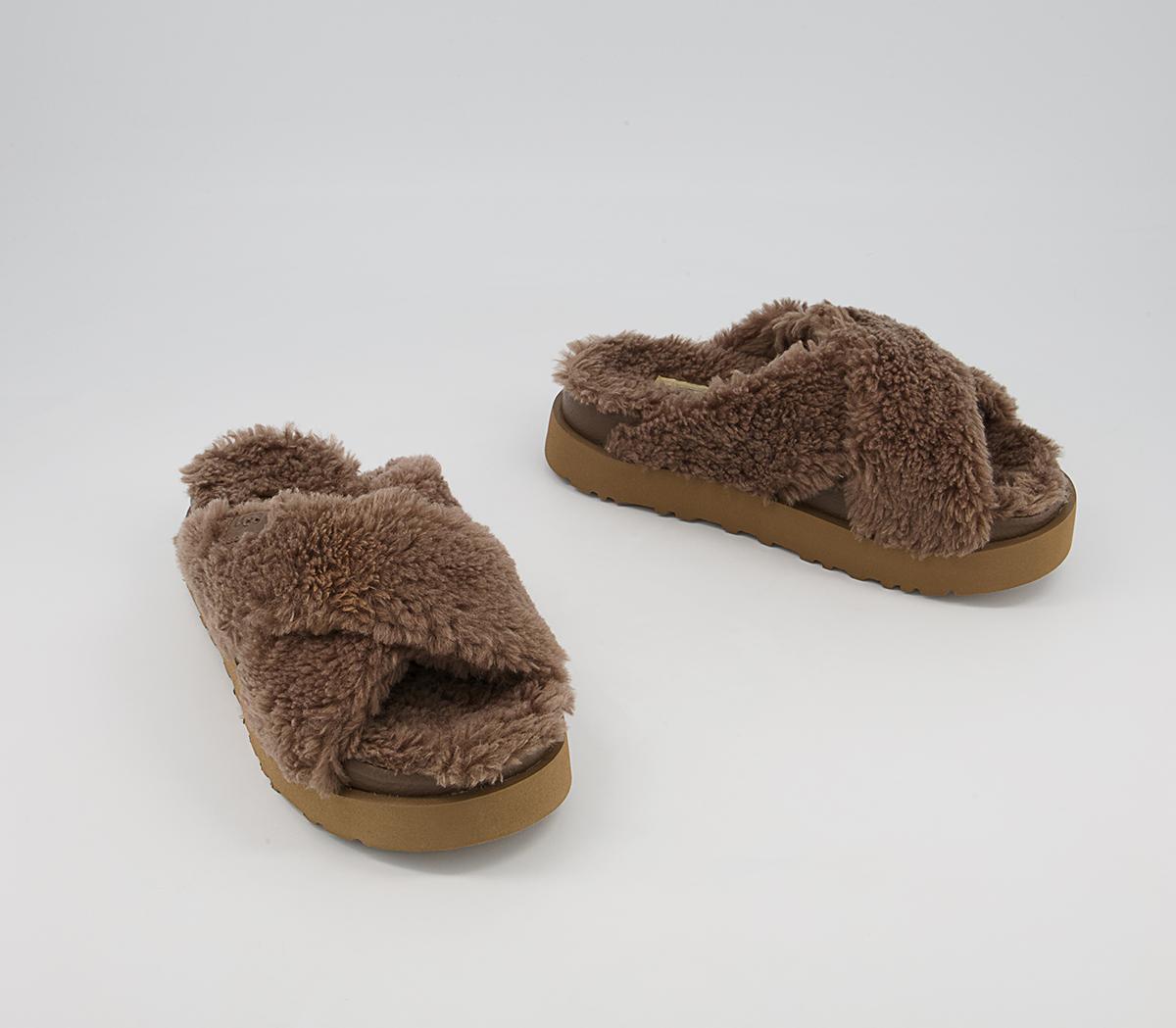 UGG Fuzz Sugar Cross Slides Hickory - Women’s Sustainable Materials