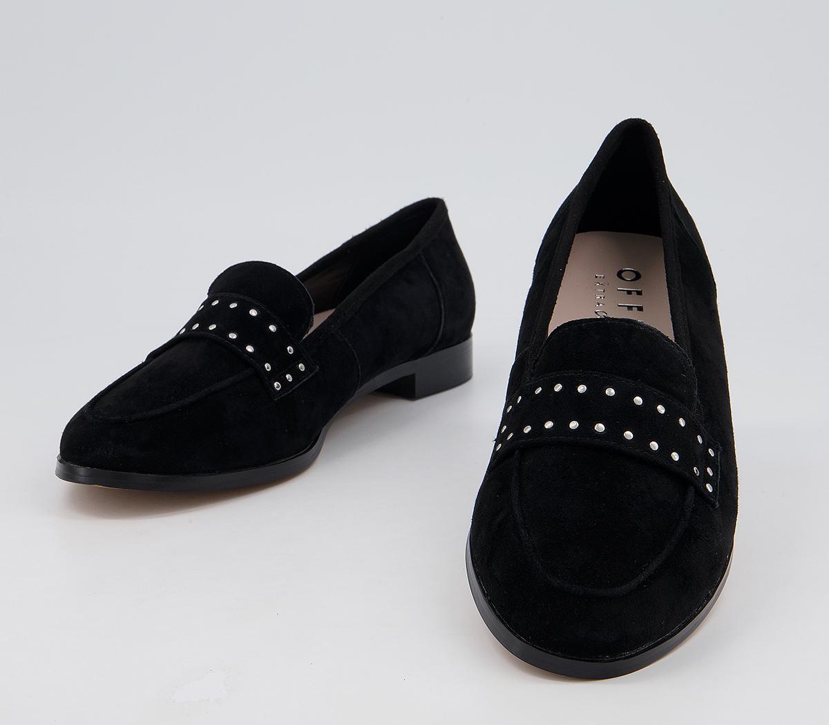 Office Fixation Studded Loafers Office Fixation Studded Loafers Black Suede Silver Hardware