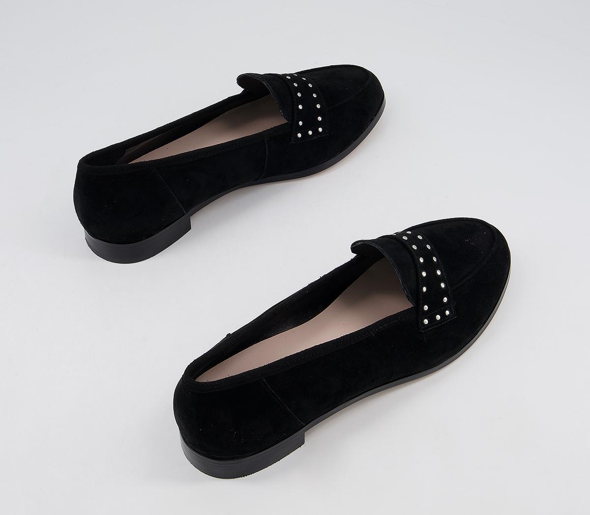 Office Fixation Studded Loafers Office Fixation Studded Loafers Black Suede Silver Hardware