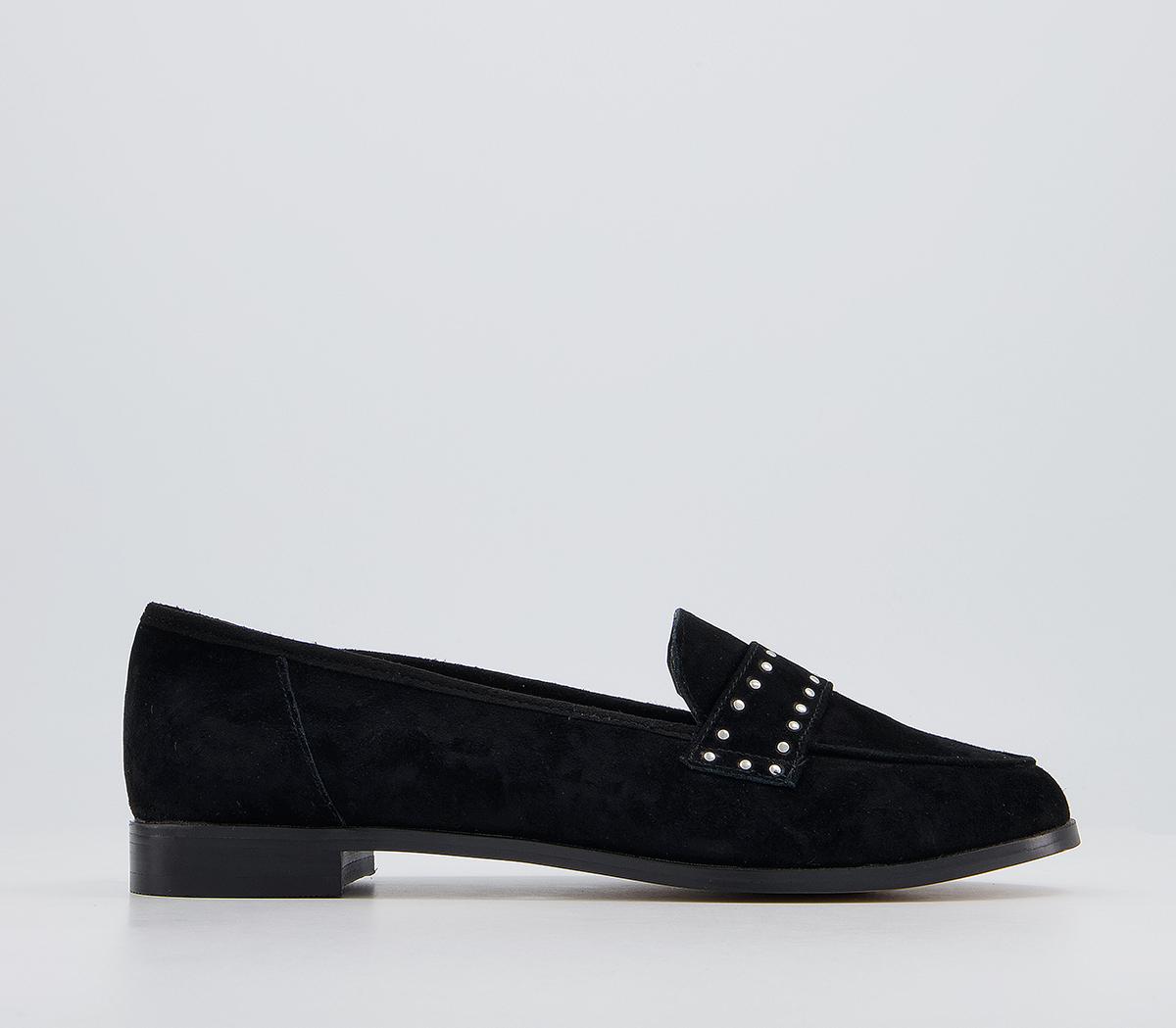 Office Fixation Studded Loafers Office Fixation Studded Loafers Black Suede Silver Hardware