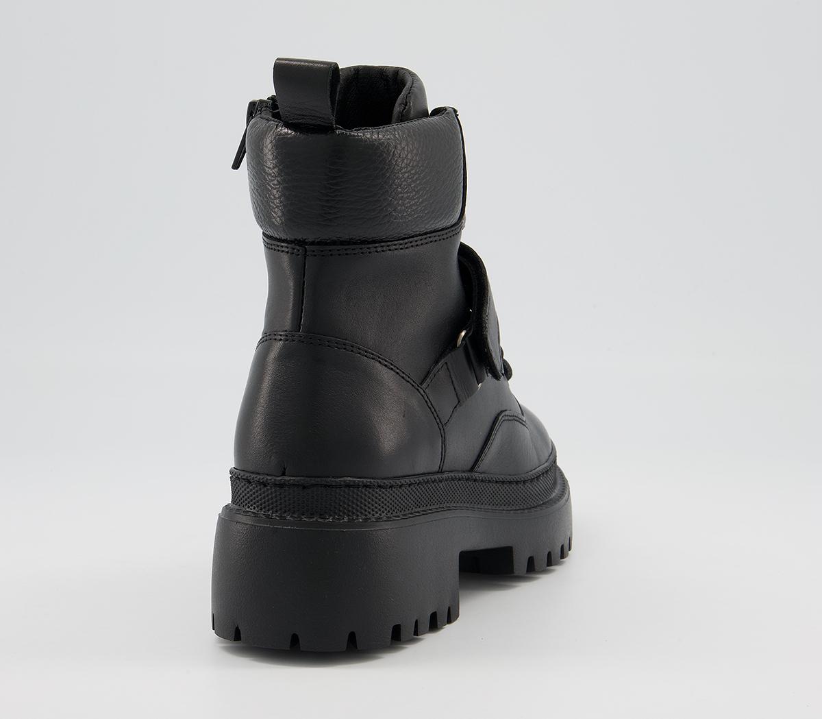 Office Amber Strap Detail Hiker Boots Office Amber Strap Detail Hiker Boots Black Leather With Black Sole