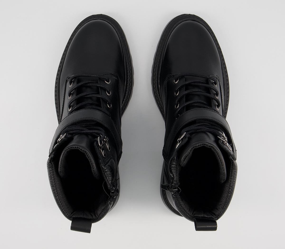 Office Amber Strap Detail Hiker Boots Office Amber Strap Detail Hiker Boots Black Leather With Black Sole
