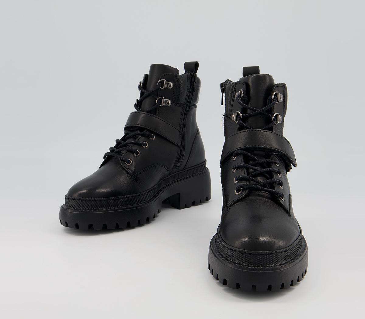 Office Amber Strap Detail Hiker Boots Office Amber Strap Detail Hiker Boots Black Leather With Black Sole