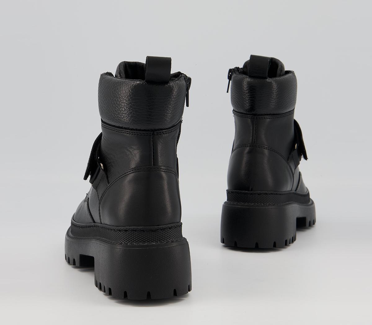 Office Amber Strap Detail Hiker Boots Office Amber Strap Detail Hiker Boots Black Leather With Black Sole