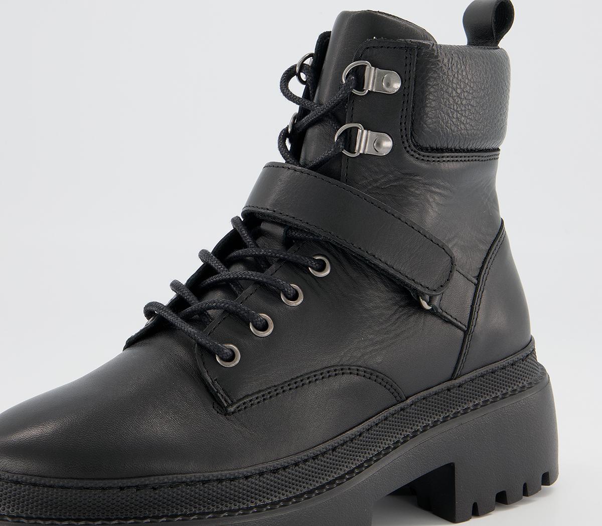 Office Amber Strap Detail Hiker Boots Office Amber Strap Detail Hiker Boots Black Leather With Black Sole