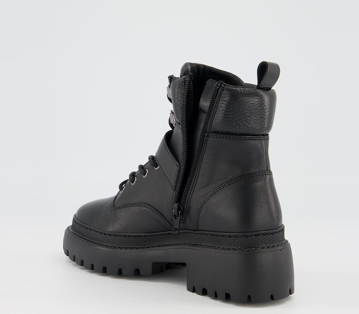 Office Amber Strap Detail Hiker Boots Office Amber Strap Detail Hiker Boots Black Leather With Black Sole
