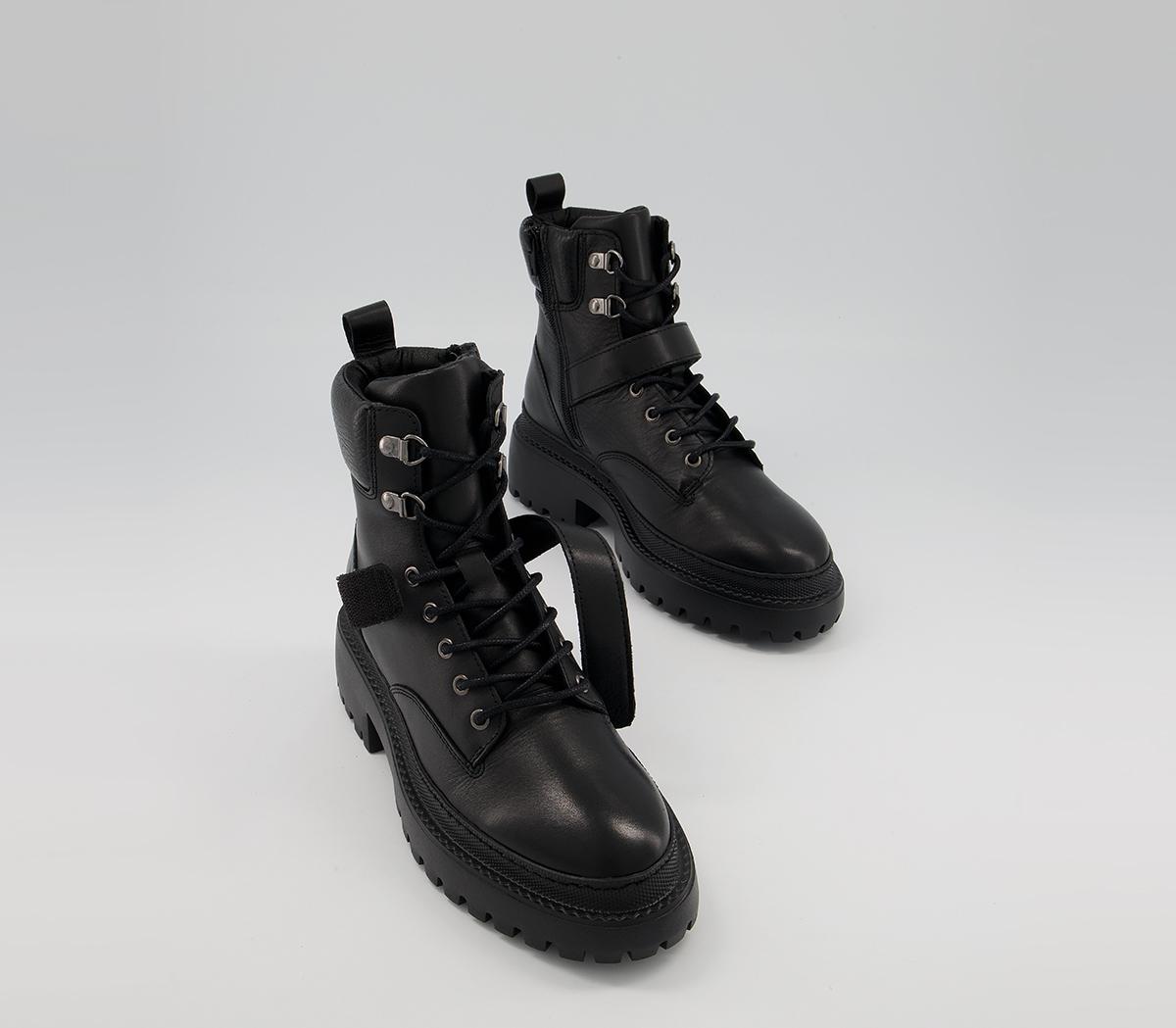 Office Amber Strap Detail Hiker Boots Office Amber Strap Detail Hiker Boots Black Leather With Black Sole