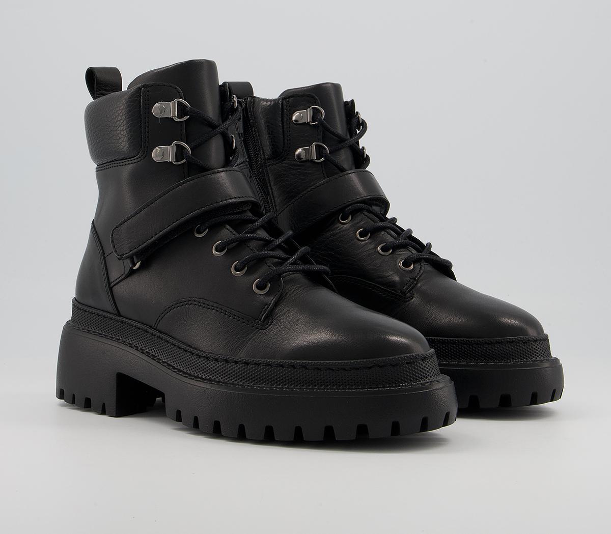 Office Amber Strap Detail Hiker Boots Office Amber Strap Detail Hiker Boots Black Leather With Black Sole