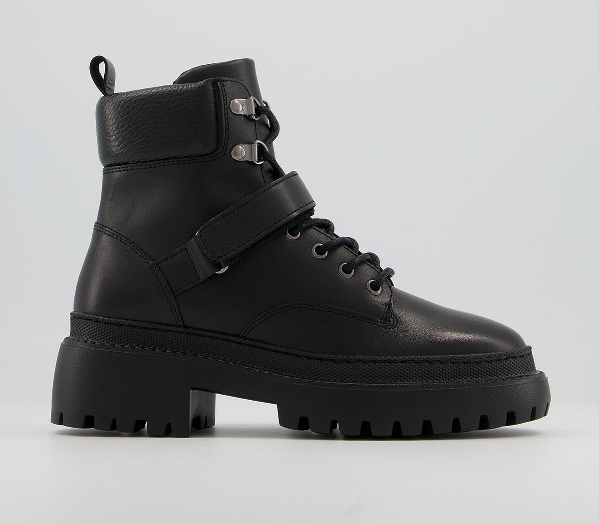 Office Amber Strap Detail Hiker Boots Office Amber Strap Detail Hiker Boots Black Leather With Black Sole