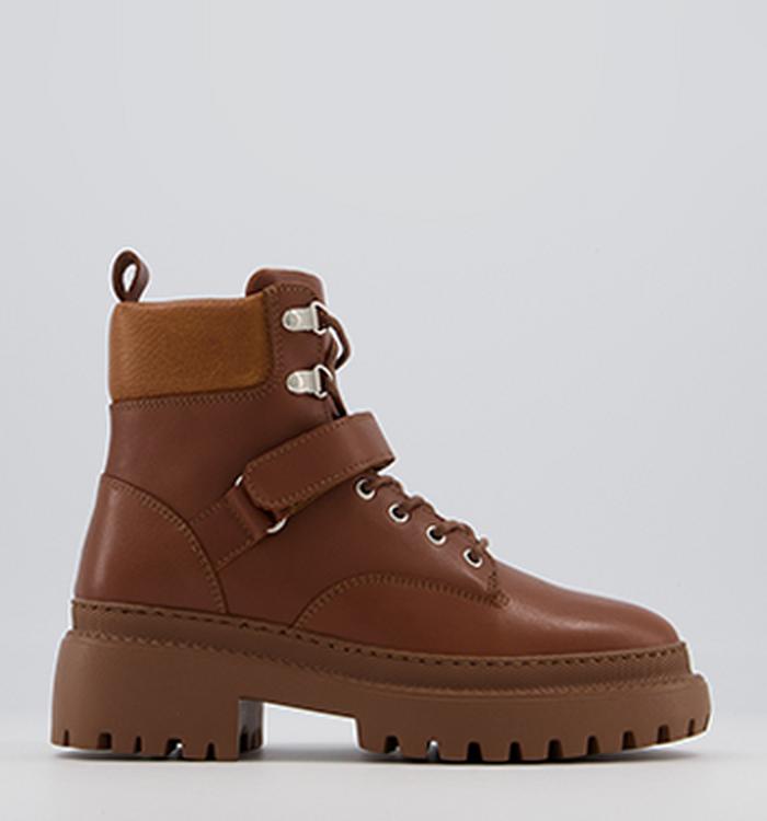 Office Amber Strap Detail Hiker Boots Tan Leather With Camel Sole