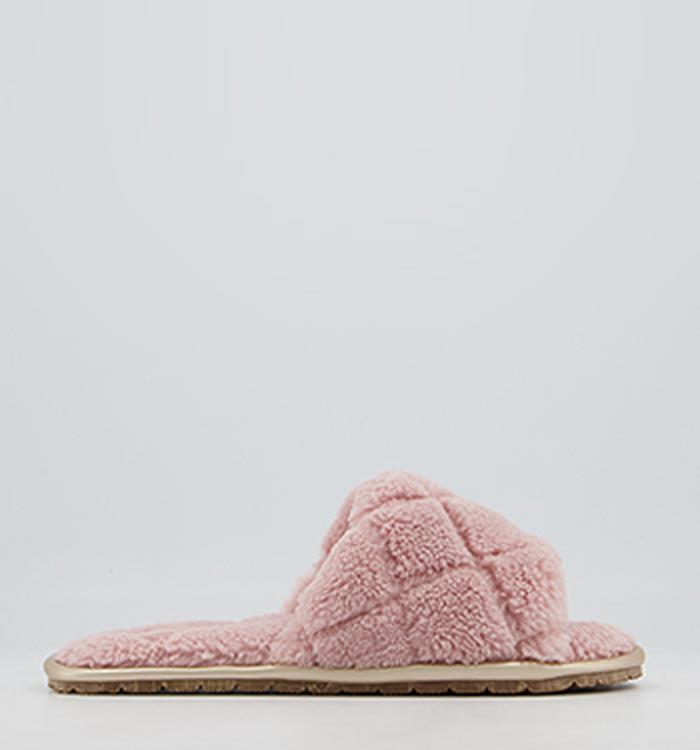 Office Florida Open Toe Slippers Pink Faux Fur With Rose Gold