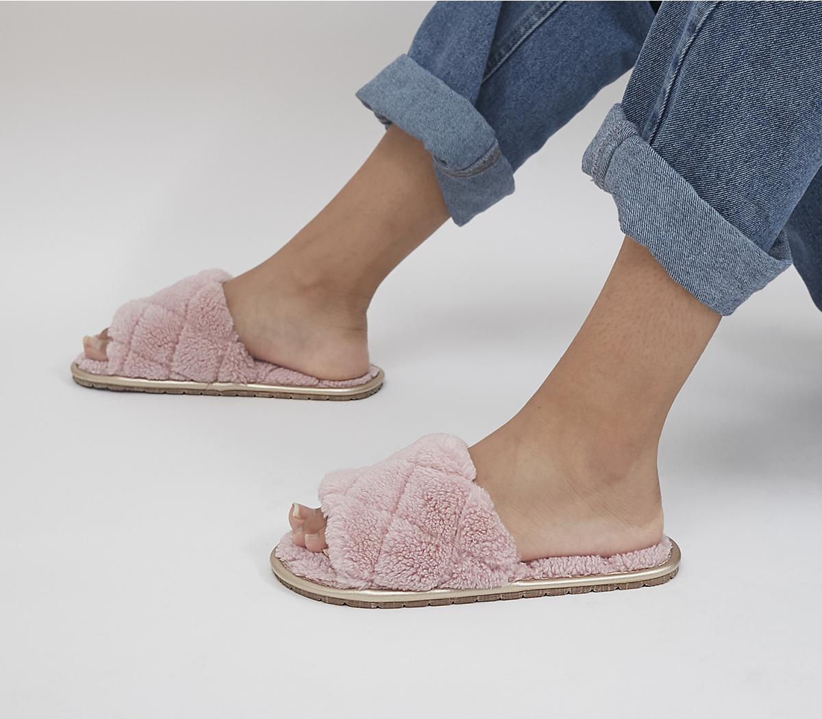 OfficeFlorida Open Toe SlippersPink Faux Fur With Rose Gold