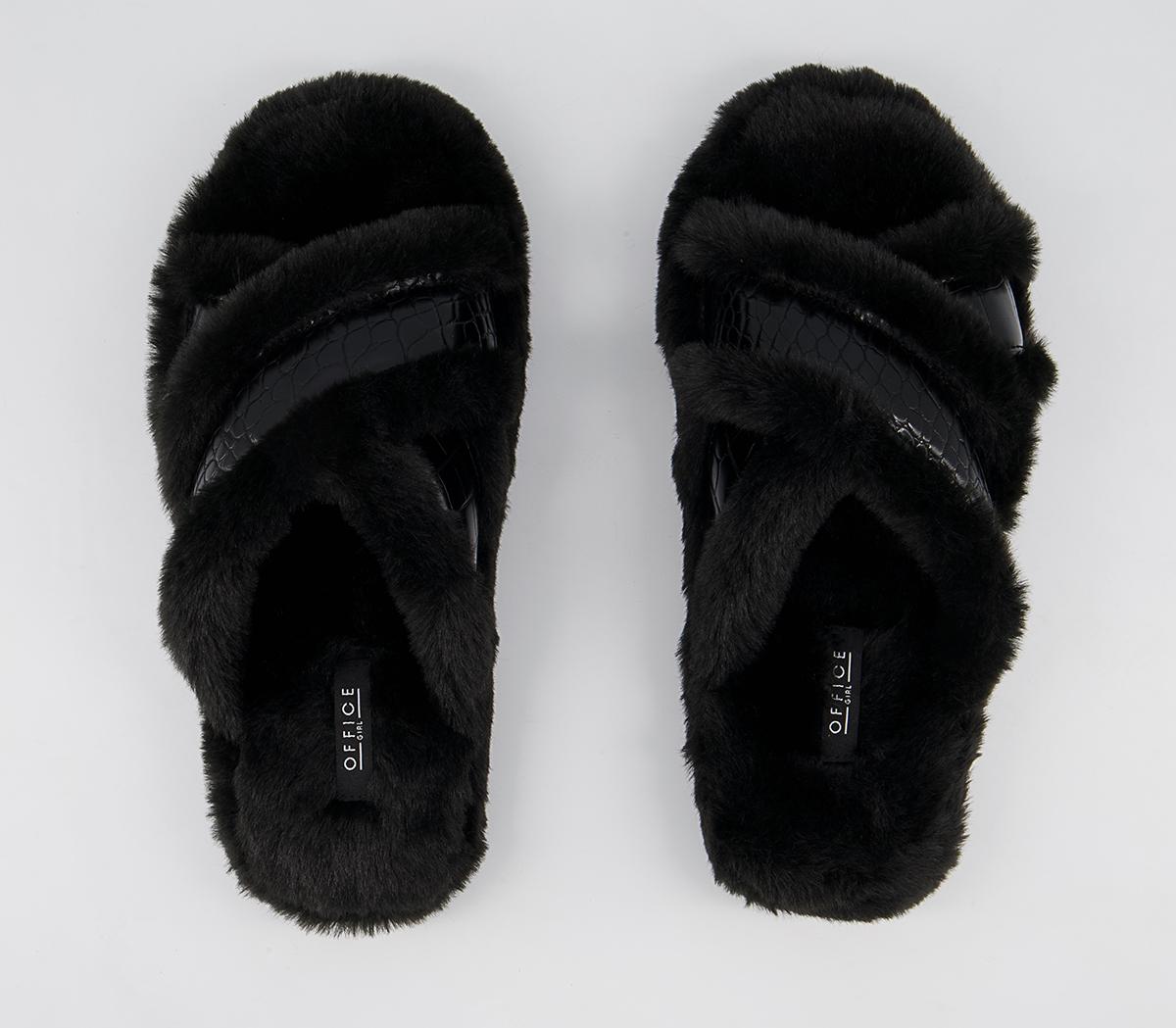 Office Fonda Wedged Open Toe Slippers Office Fonda Wedged Open Toe Slippers Black Faux Fur Croc Mix