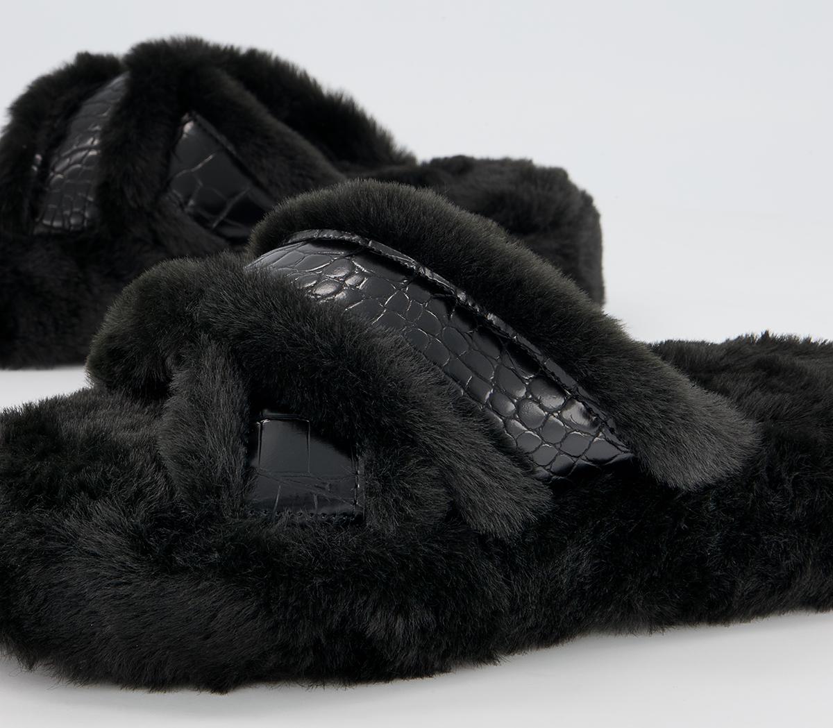 Office Fonda Wedged Open Toe Slippers Office Fonda Wedged Open Toe Slippers Black Faux Fur Croc Mix