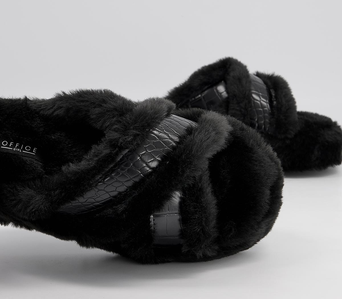 Office Fonda Wedged Open Toe Slippers Office Fonda Wedged Open Toe Slippers Black Faux Fur Croc Mix