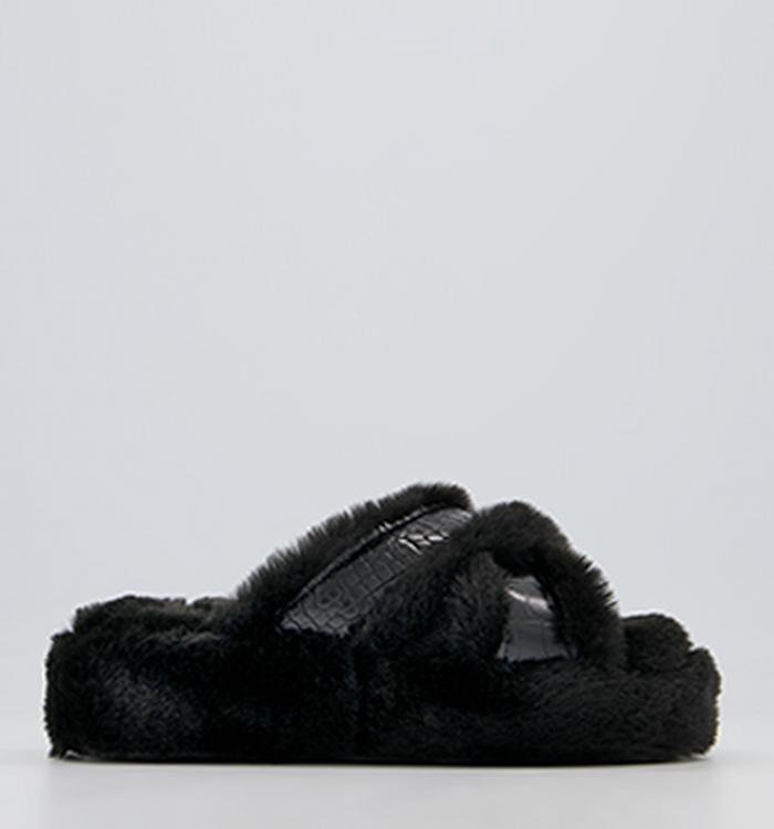 Office Fonda Wedged Open Toe Slippers Black Faux Fur Croc Mix