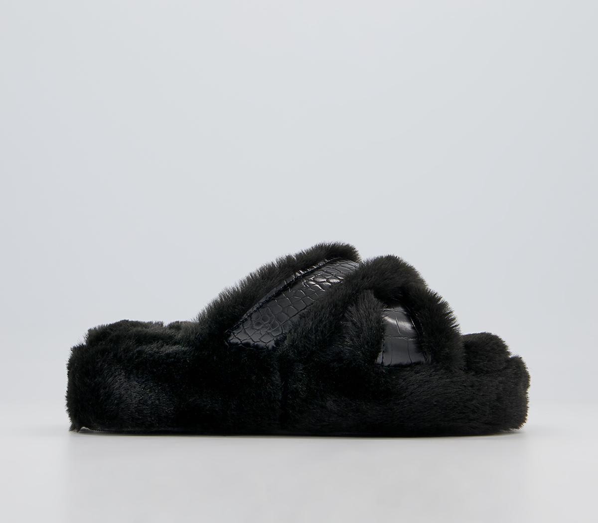 Office Fonda Wedged Open Toe Slippers Office Fonda Wedged Open Toe Slippers Black Faux Fur Croc Mix