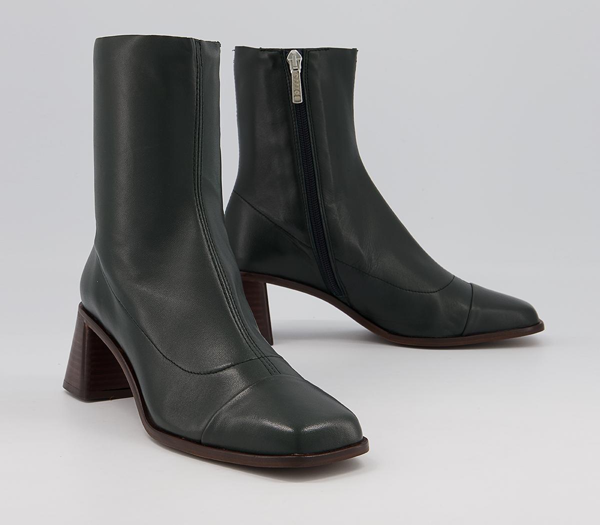 OFFICE Anagram Square Toe Sock Boots Dark Green Leather Women's Ankle