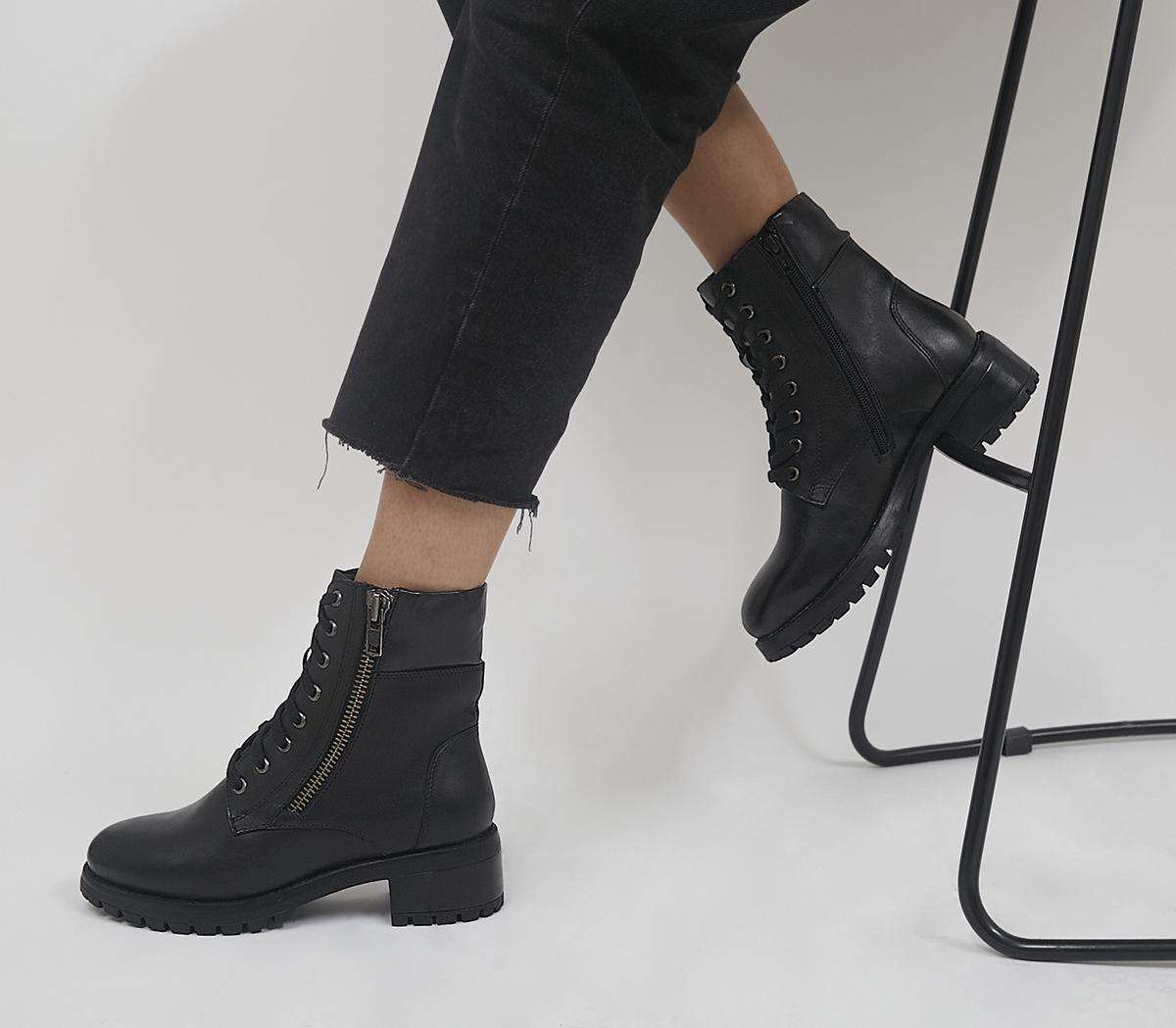 OFFICEAppealing Heeled Side Zip Lace Up BootsBlack Leather