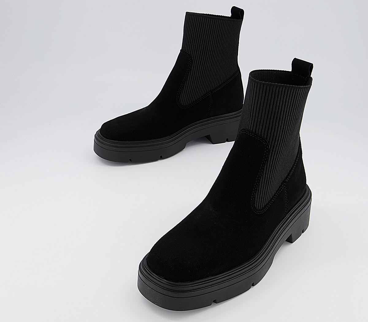 OFFICE Anouska Square Toe Ribbed Chelsea Boots Black Suede Women's Ankle Boots