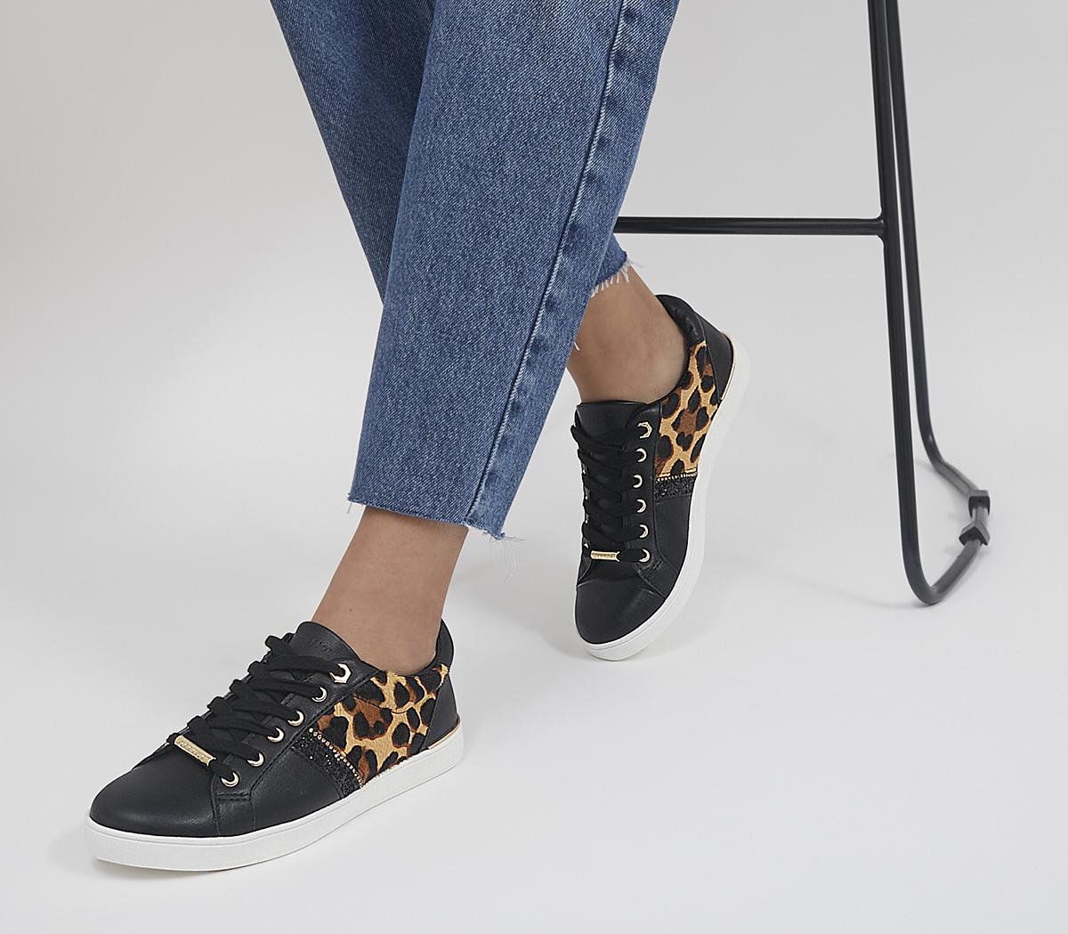 Forgive Embellished Lace Up Trainers Black Leopard Pony Mix