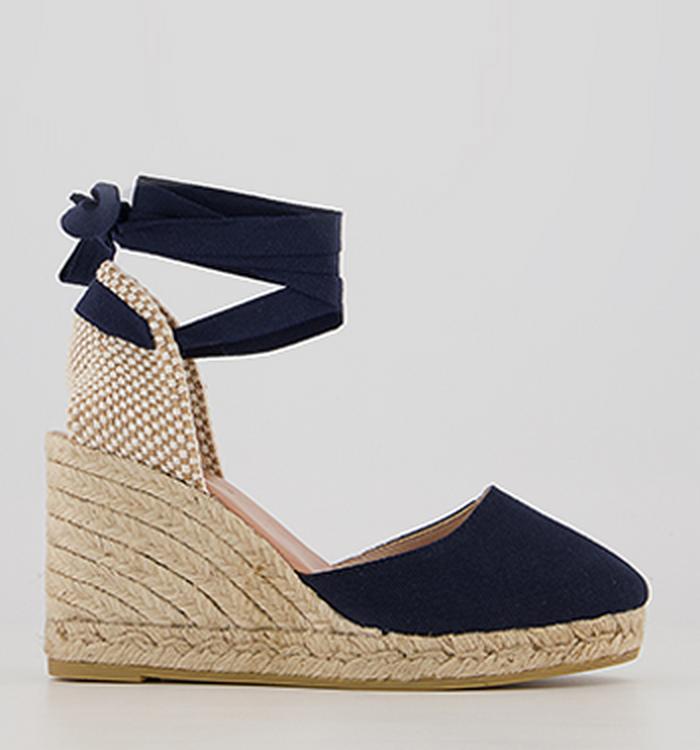 Gaimo for OFFICE Ankle Tie Espadrille Wedges Navy Canvas