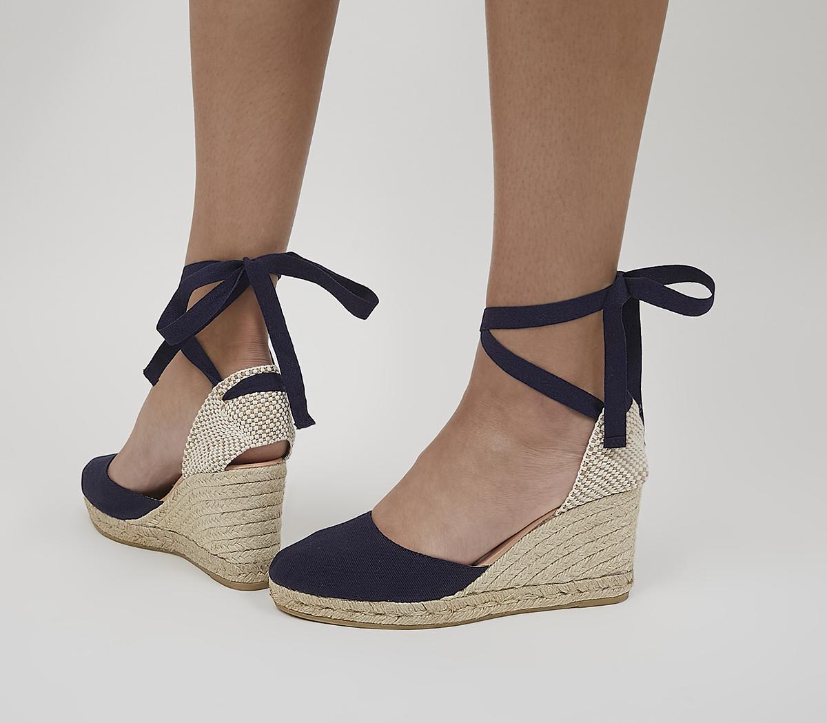 Gaimo for OFFICE Ankle Tie Espadrille Wedges Navy Canvas - Mid Heels