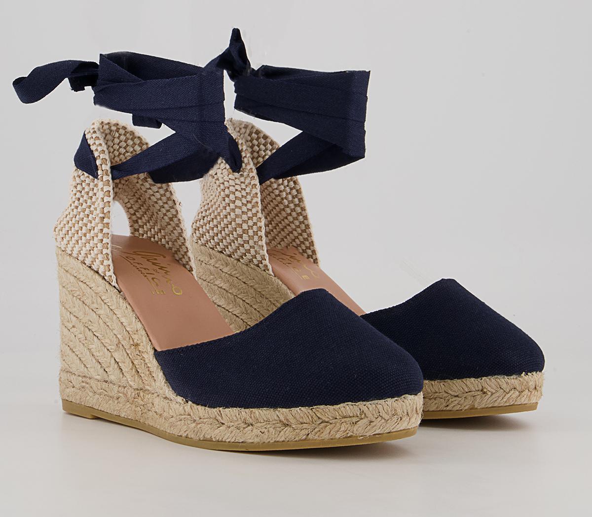 Gaimo for OFFICE Ankle Tie Espadrille Wedges Navy Canvas - Mid Heels