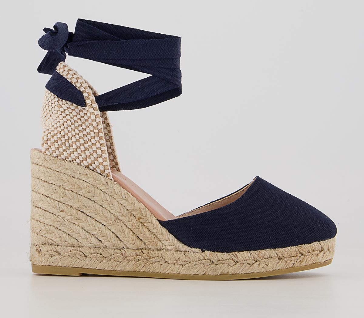 Gaimo for OFFICE Ankle Tie Espadrille Wedges Navy Canvas - Mid Heels