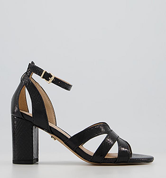 Office Mirror Image Strappy Block Mid Heeled Sandals Black Snake