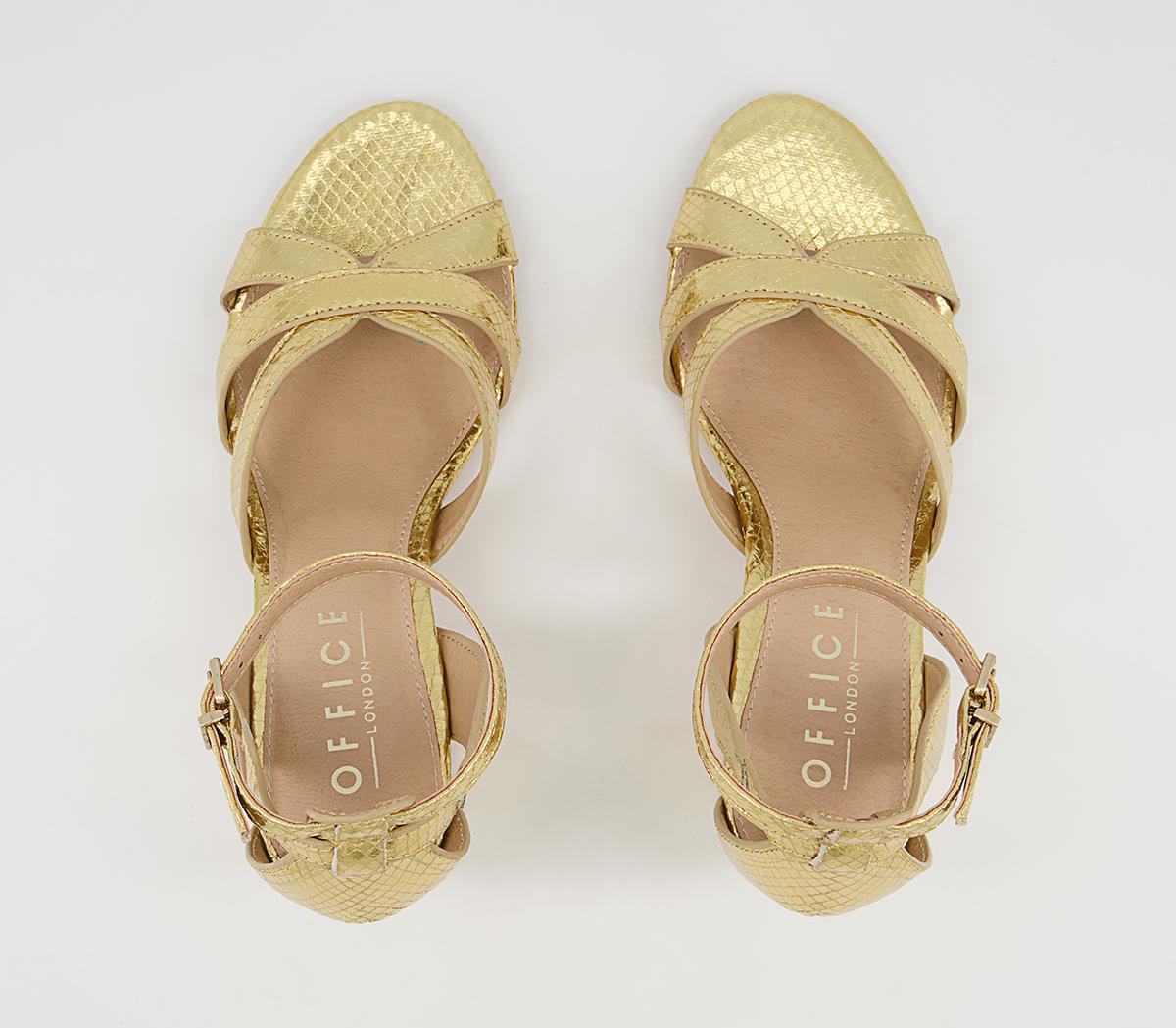 Office Mirror Image Strappy Block Mid Heeled Sandals Office Mirror Image Strappy Block Mid Heeled Sandals Gold Snake