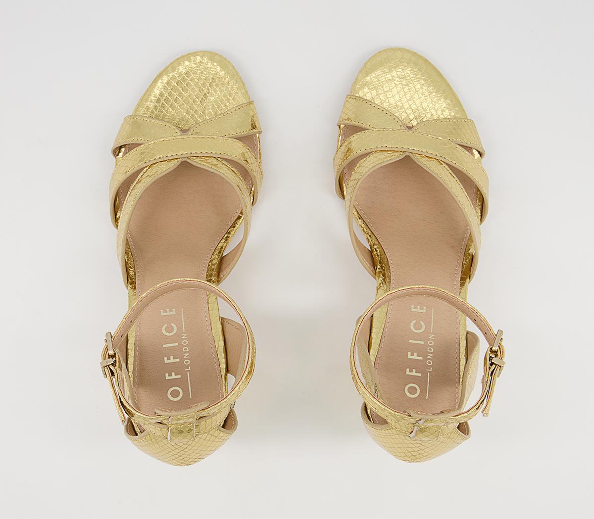 OFFICE Mirror Image Strappy Block Mid Heeled Sandals Gold Snake - Mid Heels