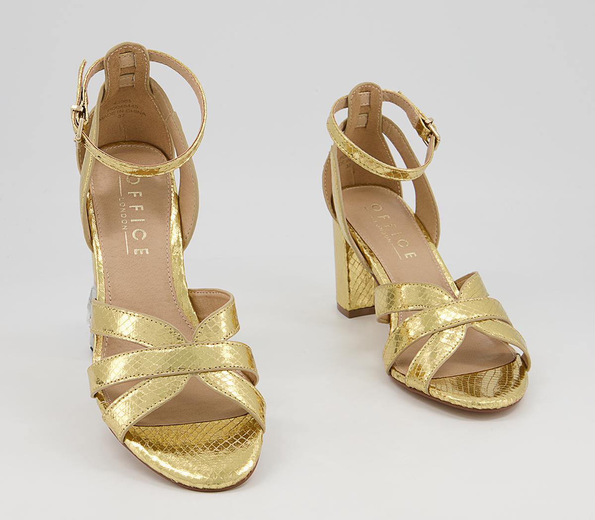 Office Mirror Image Strappy Block Mid Heeled Sandals Gold Snake - Mid Heels