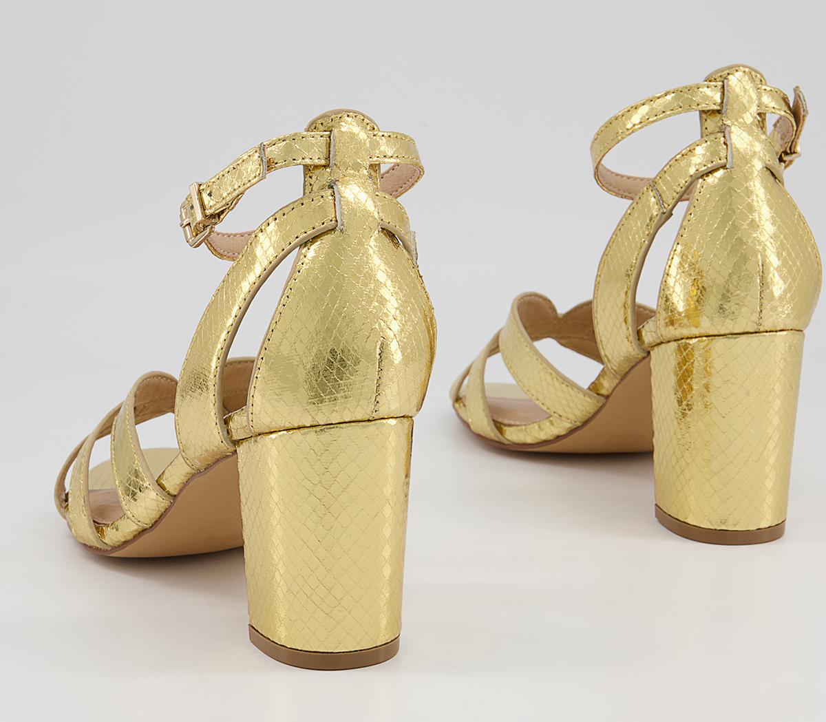 OFFICE Mirror Image Strappy Block Mid Heeled Sandals Gold Snake - Mid Heels