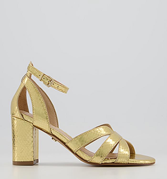 Office Mirror Image Strappy Block Mid Heeled Sandals Gold Snake