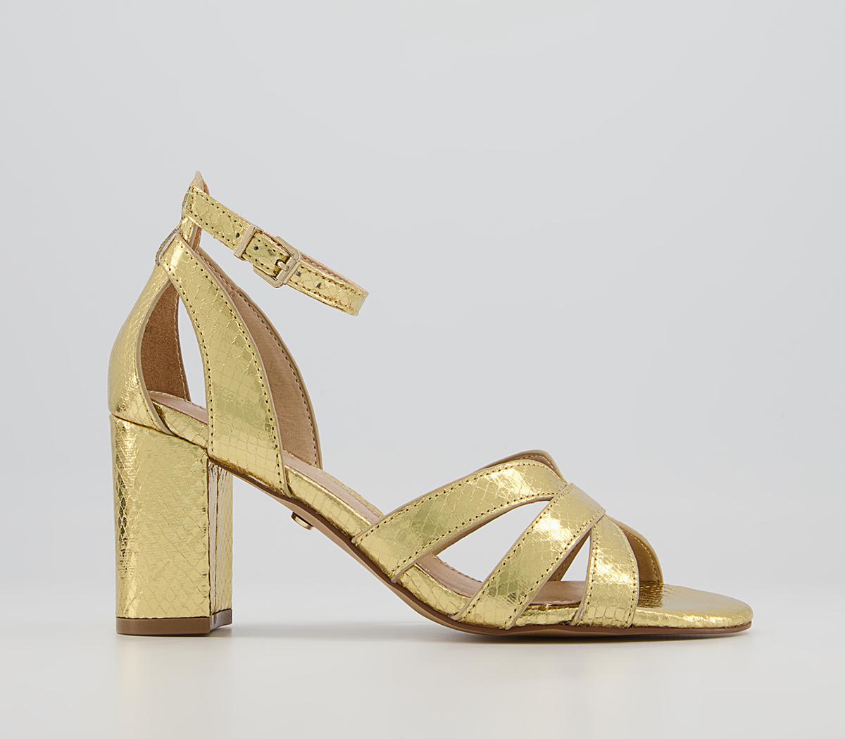 Office Mirror Image Strappy Block Mid Heeled Sandals Gold Snake - Mid Heels
