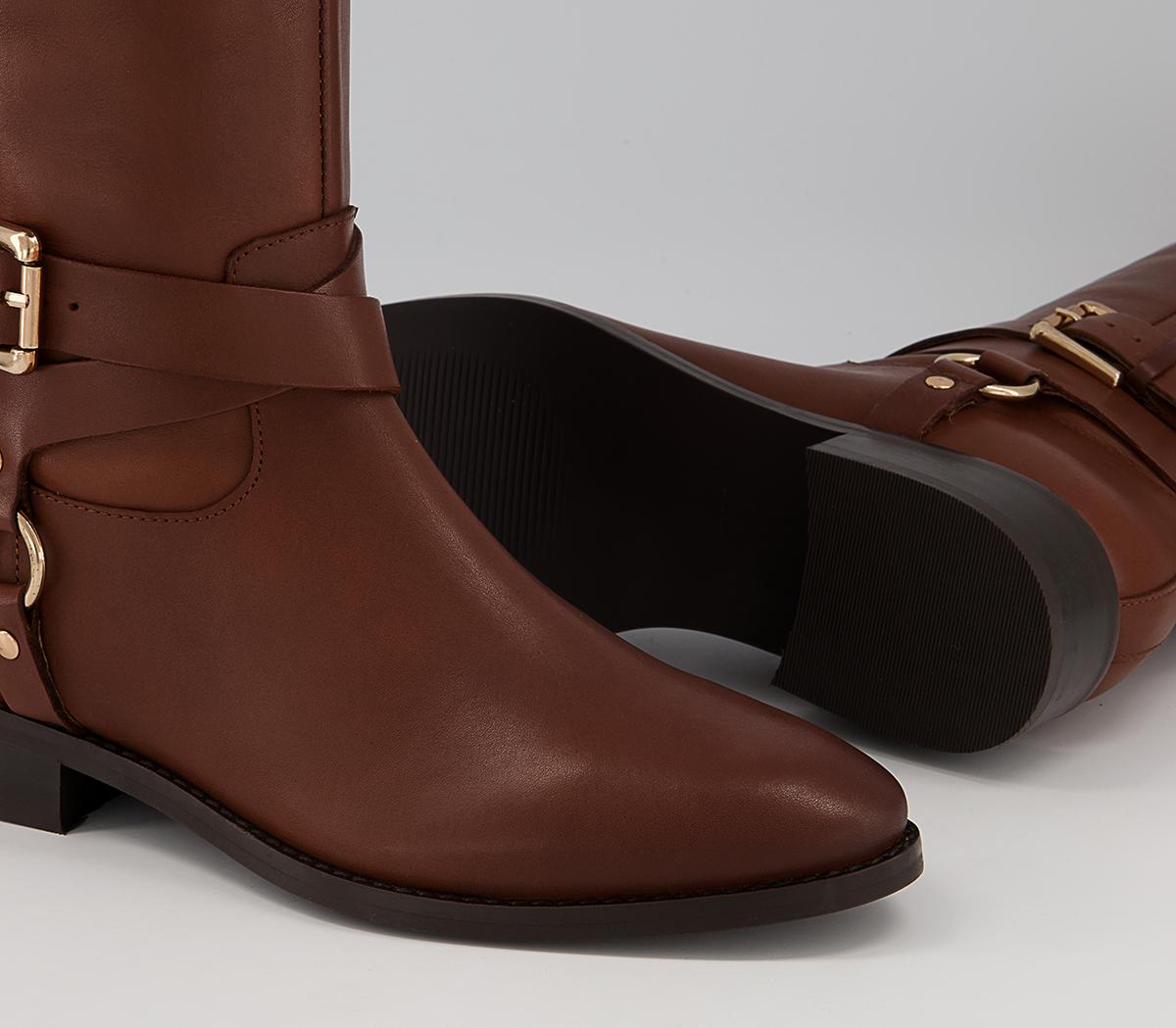 Office Kanu Harness Detail Rider Knee High Flat Boots Office Kanu Harness Detail Rider Knee High Flat Boots Tan Leather