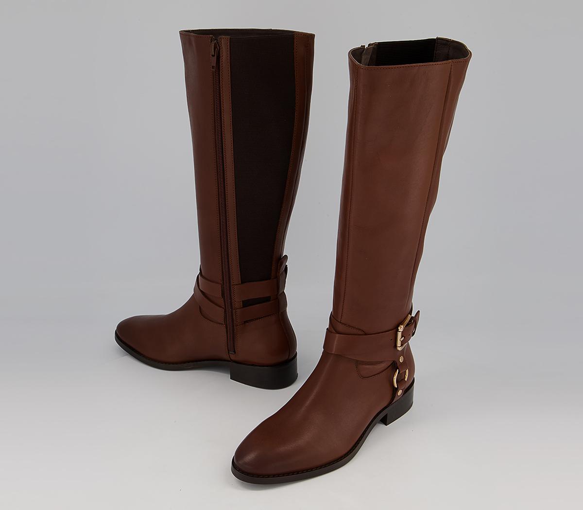 Office Kanu Harness Detail Rider Knee High Flat Boots Office Kanu Harness Detail Rider Knee High Flat Boots Tan Leather