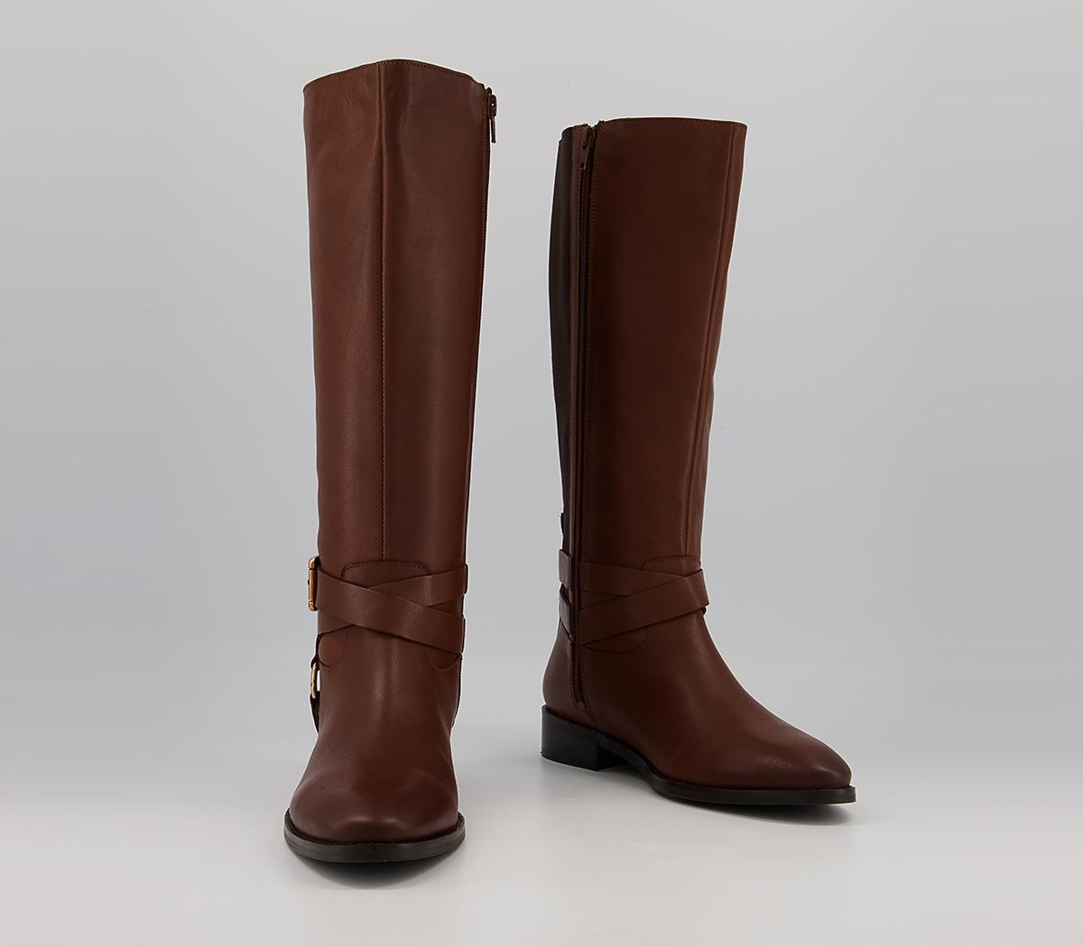 Office Kanu Harness Detail Rider Knee High Flat Boots Office Kanu Harness Detail Rider Knee High Flat Boots Tan Leather