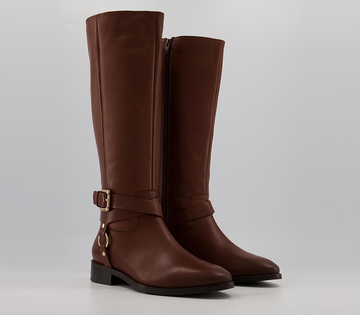 Office Kanu Harness Detail Rider Knee High Flat Boots Office Kanu Harness Detail Rider Knee High Flat Boots Tan Leather