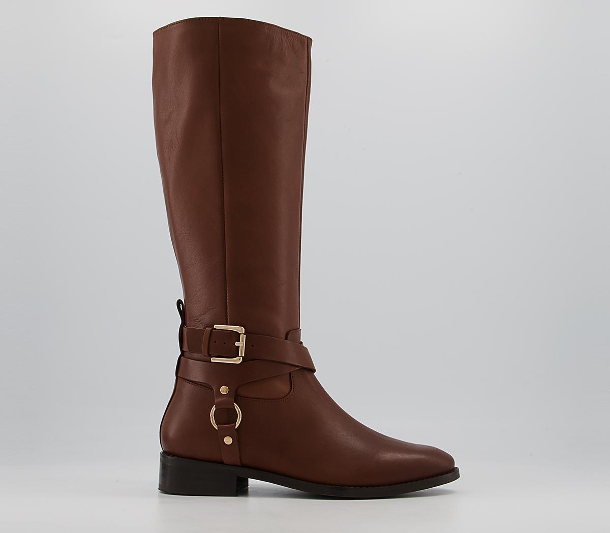 Office Kanu Harness Detail Rider Knee High Flat Boots Office Kanu Harness Detail Rider Knee High Flat Boots Tan Leather